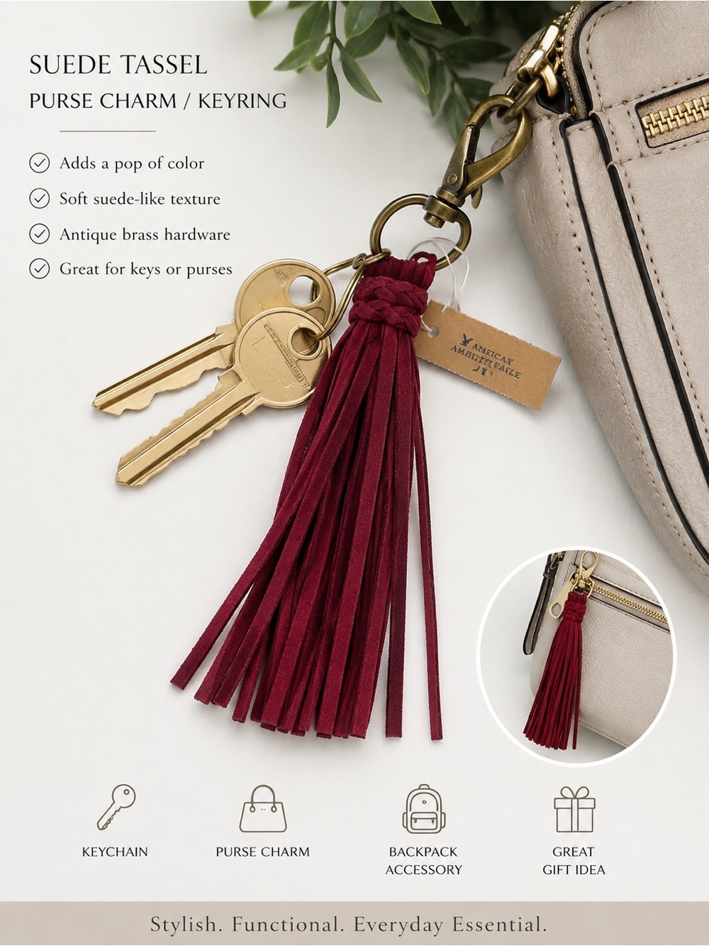 6/$25 - American Eagle Burgundy Suede Tassel Purse Charm Keyring (BR-1212/5)